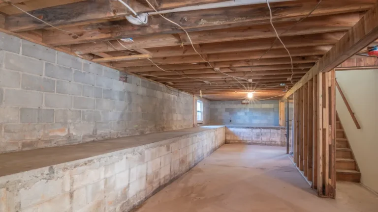 Exposed floor joists and block walls in the space under a house